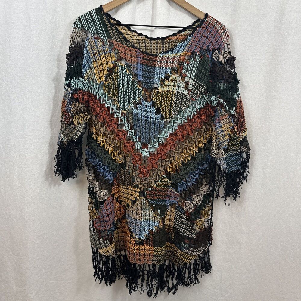 Unbranded Boho Crochet Knit Fringe Sweater Womens Sz M Cover-up Tunic